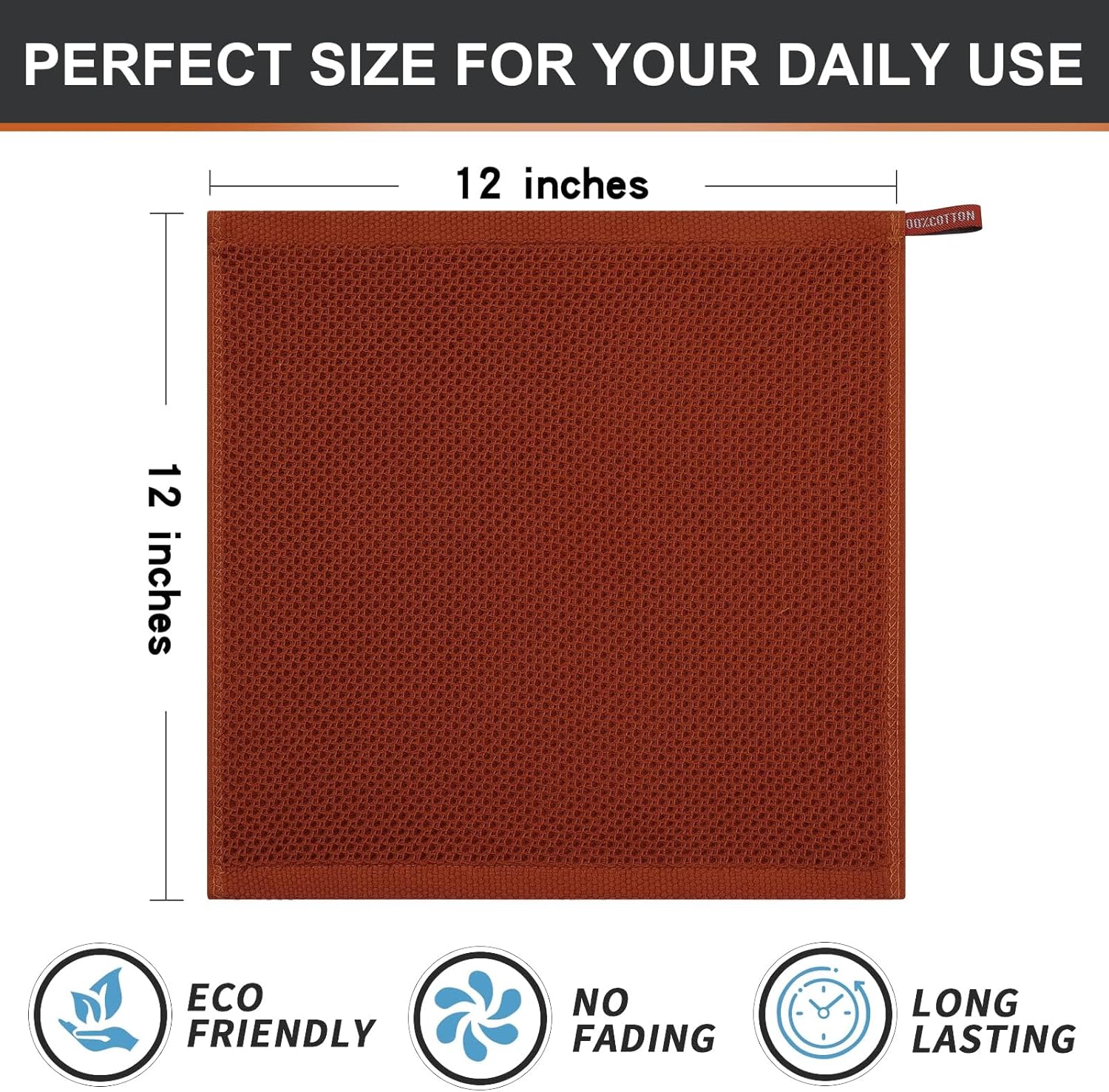 Kitinjoy 100% Cotton Kitchen Dish Cloths, 12 Pack Waffle Weave Ultra Soft Absorbent Dish Towels for Drying Dishes Quick Drying Kitchen Towels Dish Rags, 12 X 12Inch, Rust