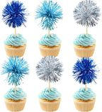 Gyufise 30Pcs Foil Firework Cupcake Toppers Sparkle Tinsel Cake Toppers Tinsel Drink Cake Decoration Cocktail Picks for Birthday Wedding Graduation Party Supplies Blue Silver