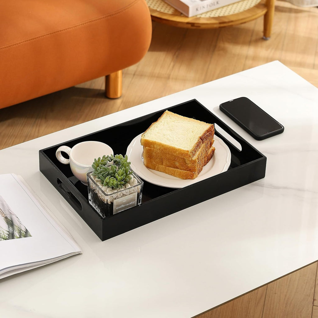 Glossy Black Sturdy Acrylic Serving Tray with Handles-10x15Inch-Serving Coffee,Appetizer,Breakfast,Butler-Kitchen Countertop Tray-Makeup Drawer Organizer-Vanity Table,Ottoman Tray-Decorative