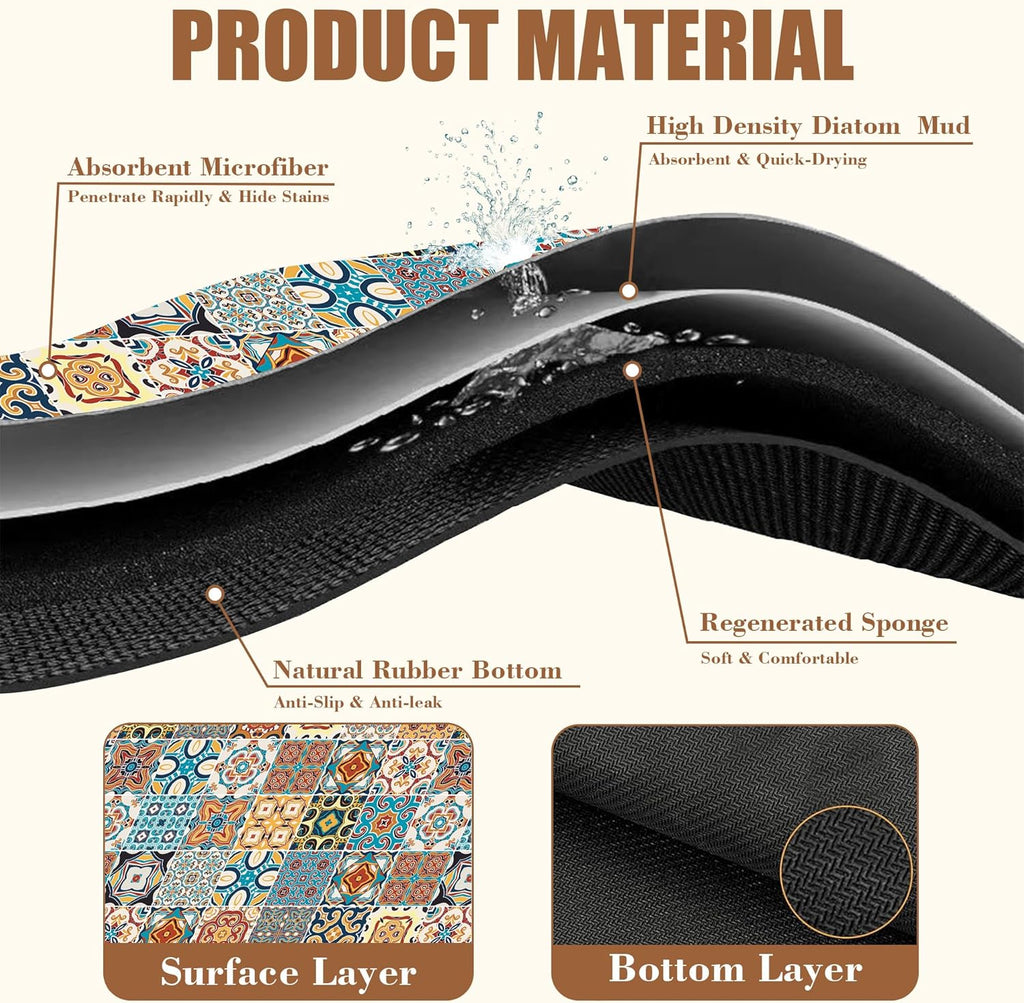 Dish Drying Mat Multicolor Portuguese Tiles Coffee Bar Mat for Countertop Absorbent Rubber Backed Hide Stain Dish Drainer Rack Pad Coffee Maker Espresso Machine Dining Room Decor 15.7 x 23.6 Inch