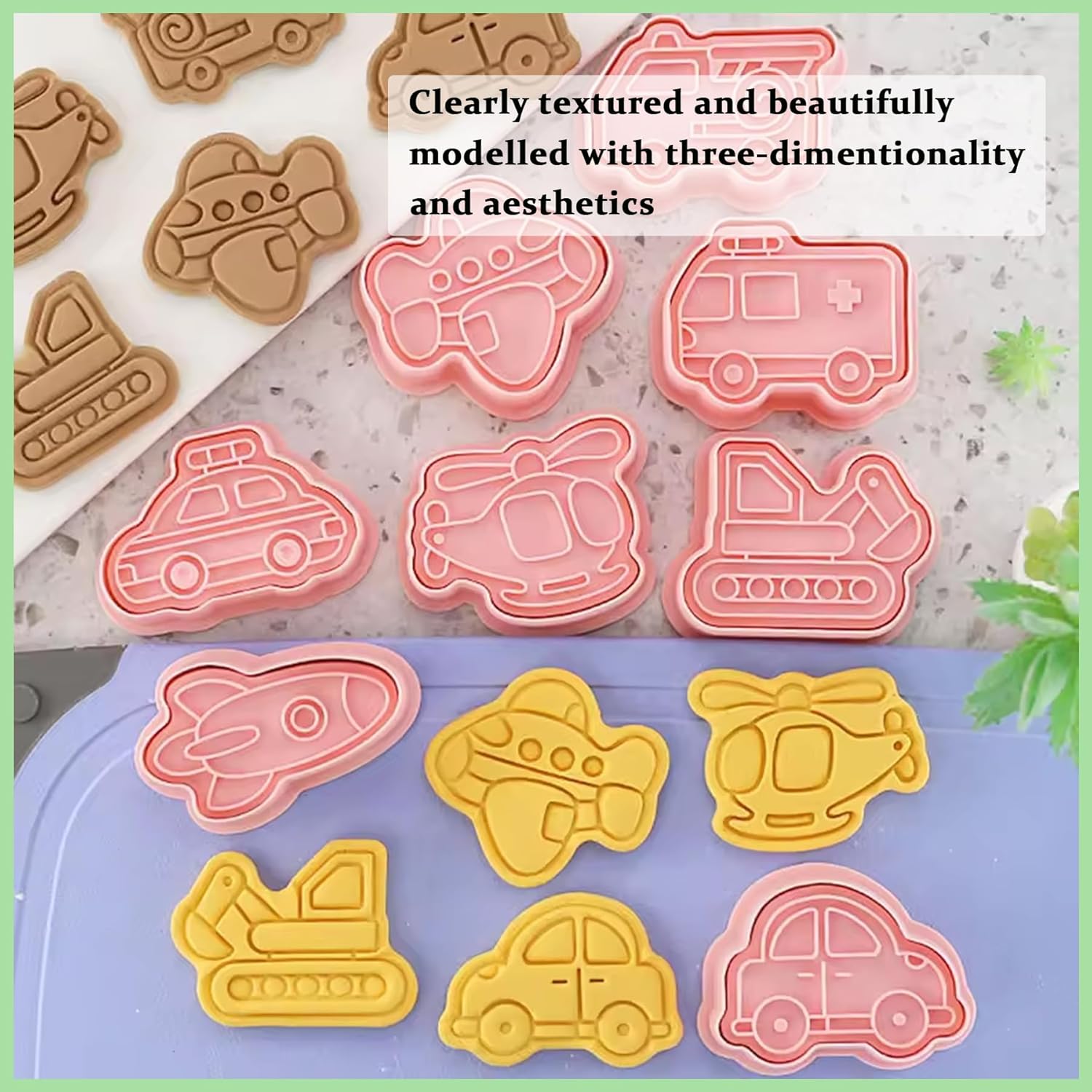 8Piece Vehicle Cookie Cutters Set,3D Transport-Themed Plastic Baking Molds for Cookies, Fondant, Cheese – Includes Plunger Stamp for Embossing (E)
