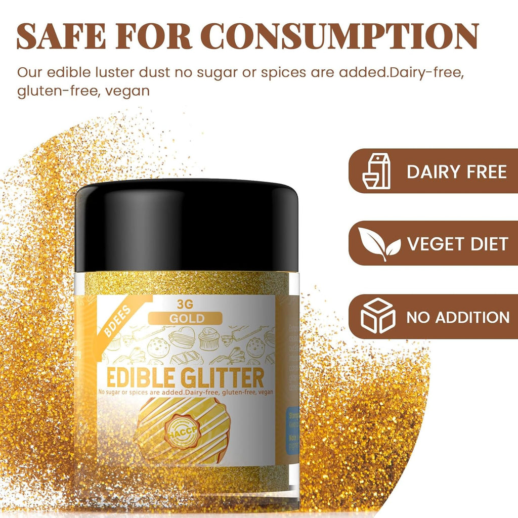 Edible Glitter Set - 4 Colors Food Grade Edible Drink Glitter for Cake Strawberries Drink Dust Shimmering, Vegan Food Coloring Sprinkle for Chocolates, Fondant Pops (3g per Bottle)