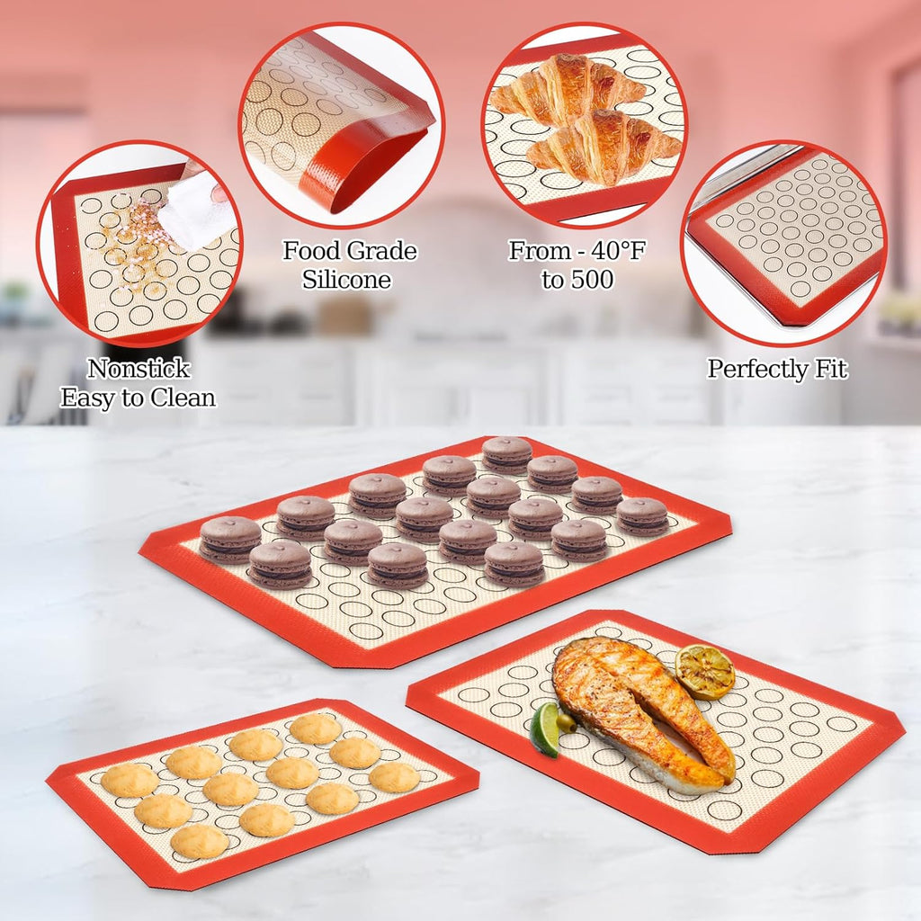 Baking Sheet with Silicone Baking Mat Set,CEKEE Stainless Steel Baking Sheet Pan Tray, Cookie Sheets for Baking, 6PCS Baking Supplies Bakeware Sets for Oven Making Cookies, Macaroons, Bread