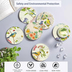Coaster for Drinks Set of 6, Vintage Watercolor Bird Flower Absorbing Round Ceramic Stone Coaster with Cork Base,Tabletop Protection Mat for Mugs and Cups,Coffee Table Wine Glass Home Bar 4 Inch