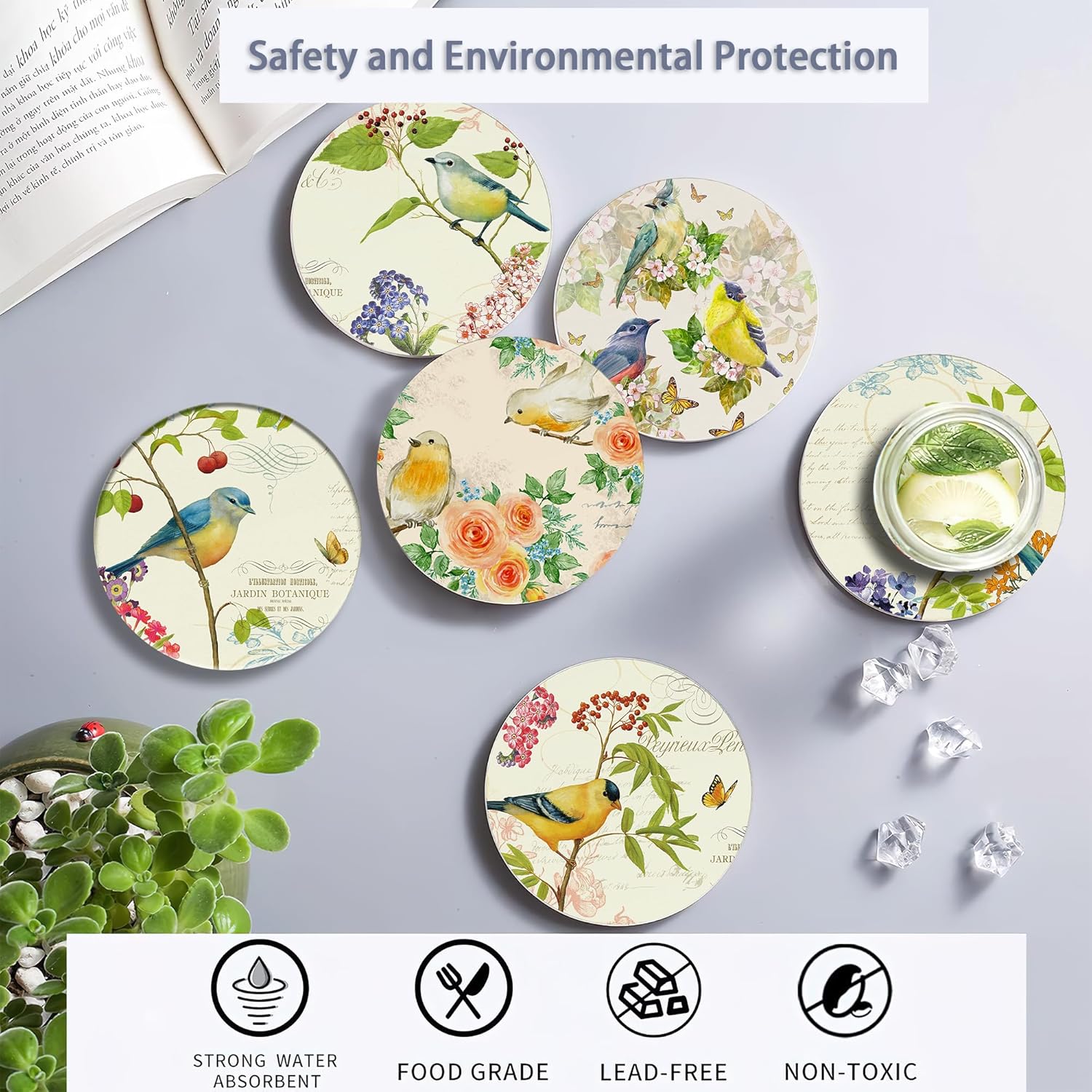 Coaster for Drinks Set of 6, Vintage Watercolor Bird Flower Absorbing Round Ceramic Stone Coaster with Cork Base,Tabletop Protection Mat for Mugs and Cups,Coffee Table Wine Glass Home Bar 4 Inch