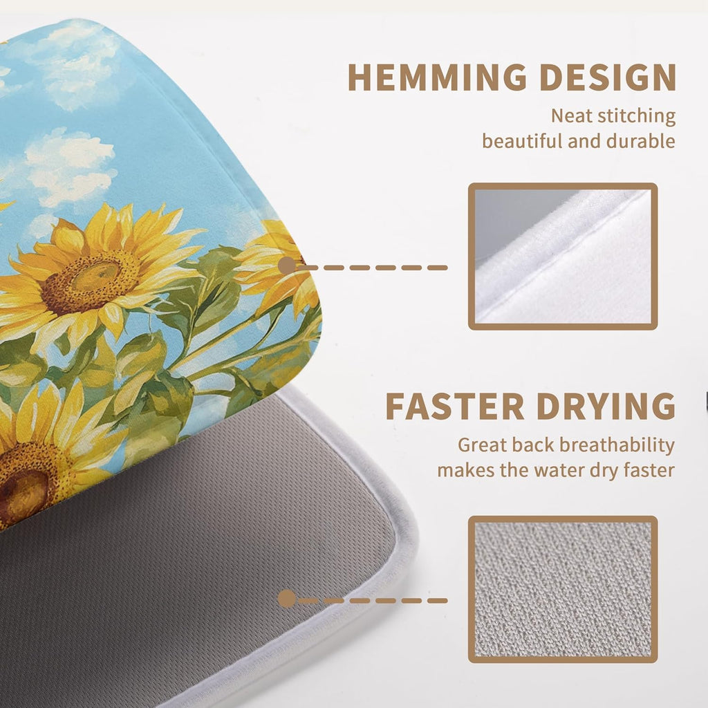 Summer Sunflower Dish Drying Mat for Kitchen Counter Watercolor Rustic Sunflowers Kitchen Dishes Dryer Pad Absorbent Matt Microfiber Washable Foldable Reusable Large 18x24 in