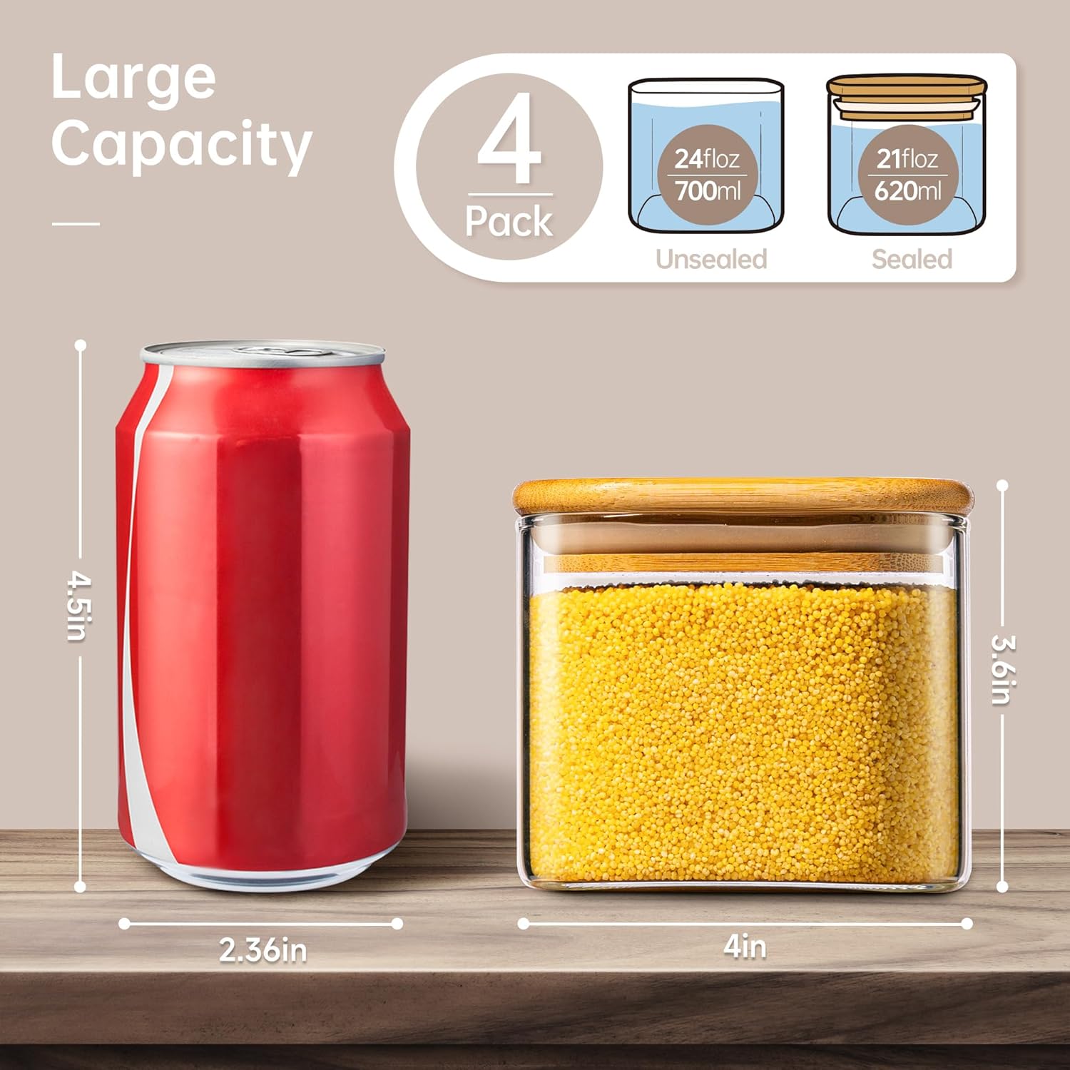 21oz - 4 Pack Square Glass Jars with Bamboo Lids, Glass Food Storage Containers with Airtight Lids, Air Tight Pantry Storage Containers for Coffee, Sugar, Spice, Meal Prep Jars for Salad & Fruit