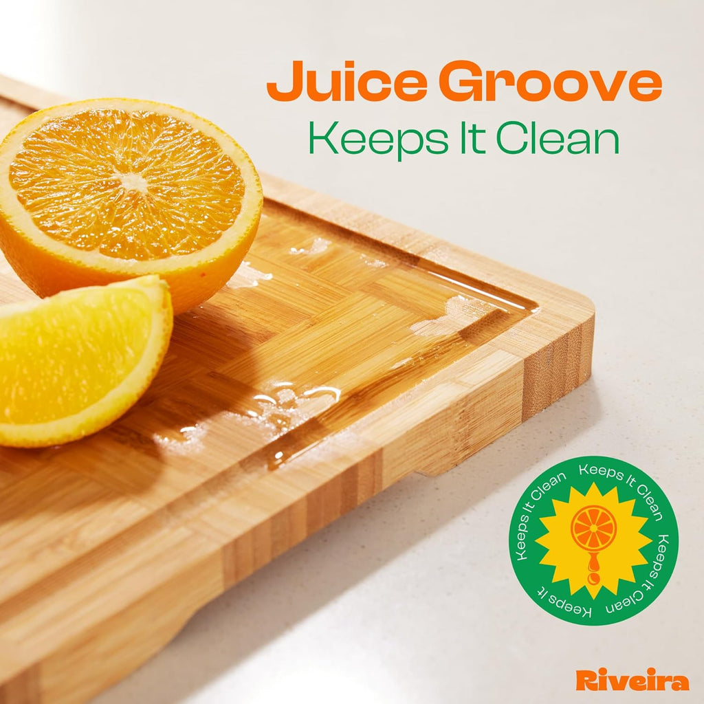 Riveira Bamboo End Grain Wood Cutting Board – Gourmet Bamboo Grandeur: 8 x 8 Wooden Cutting Board – Wooden Cutting Boards For Kitchen Decorative – Innovative Juice Grooves