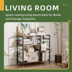 Baker’s Rack, Microwave Oven Stand with Bamboo Frame, 35.43" Coffee Bar with Wire Basket & 6 Hooks, 3-Tier Kitchen Storage Shelf Stand for Kitchen, Living Room, Office, Rustic Brown