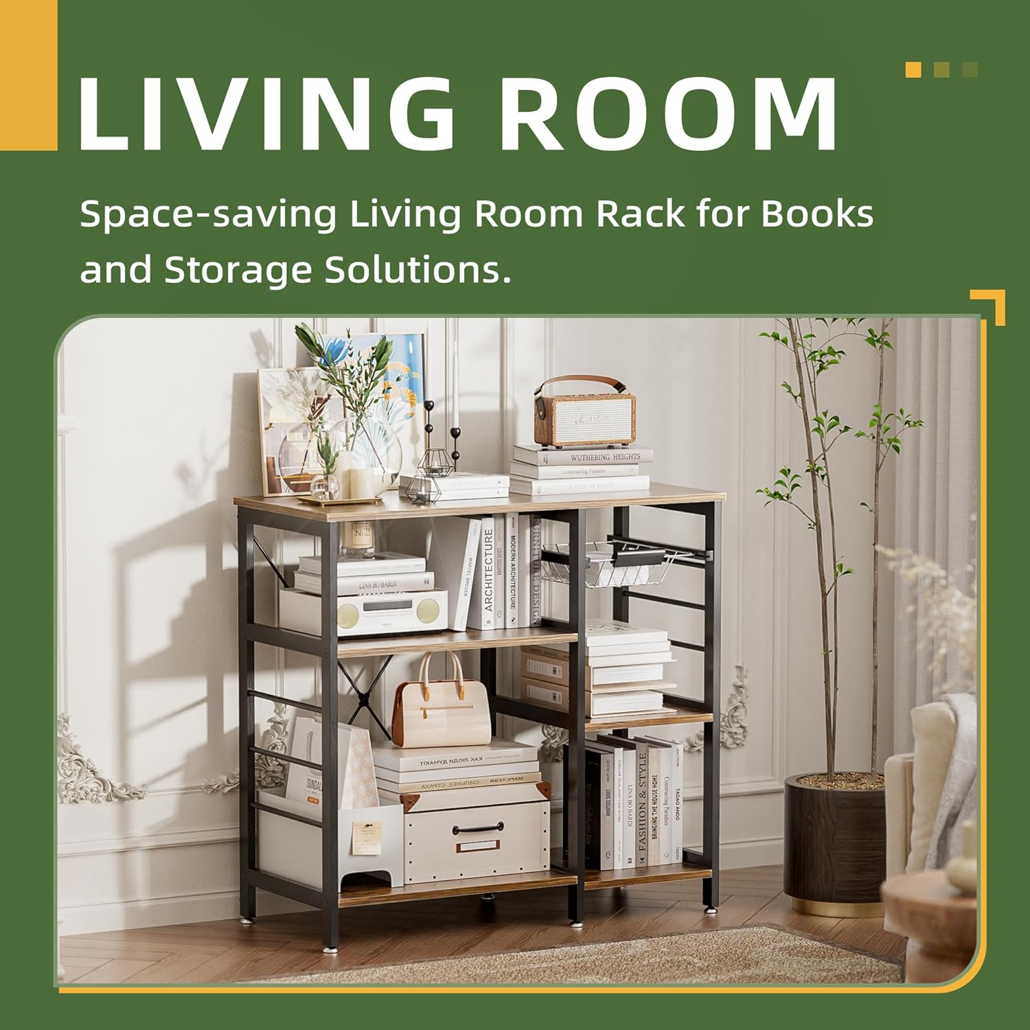 Baker’s Rack, Microwave Oven Stand with Bamboo Frame, 35.43" Coffee Bar with Wire Basket & 6 Hooks, 3-Tier Kitchen Storage Shelf Stand for Kitchen, Living Room, Office, Rustic Brown