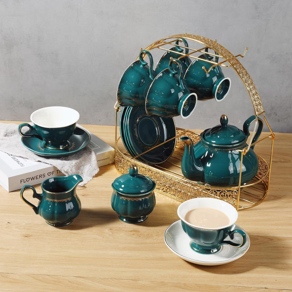 CHENP.HMC Tea Set 22-Piece Porcelain Ceramic Coffee Tea Sets Cups Saucer Service for 6 Teapot Sugar Bowl Creamer Pitcher and Teaspoons Porcelain Tea Set(Dark Green)