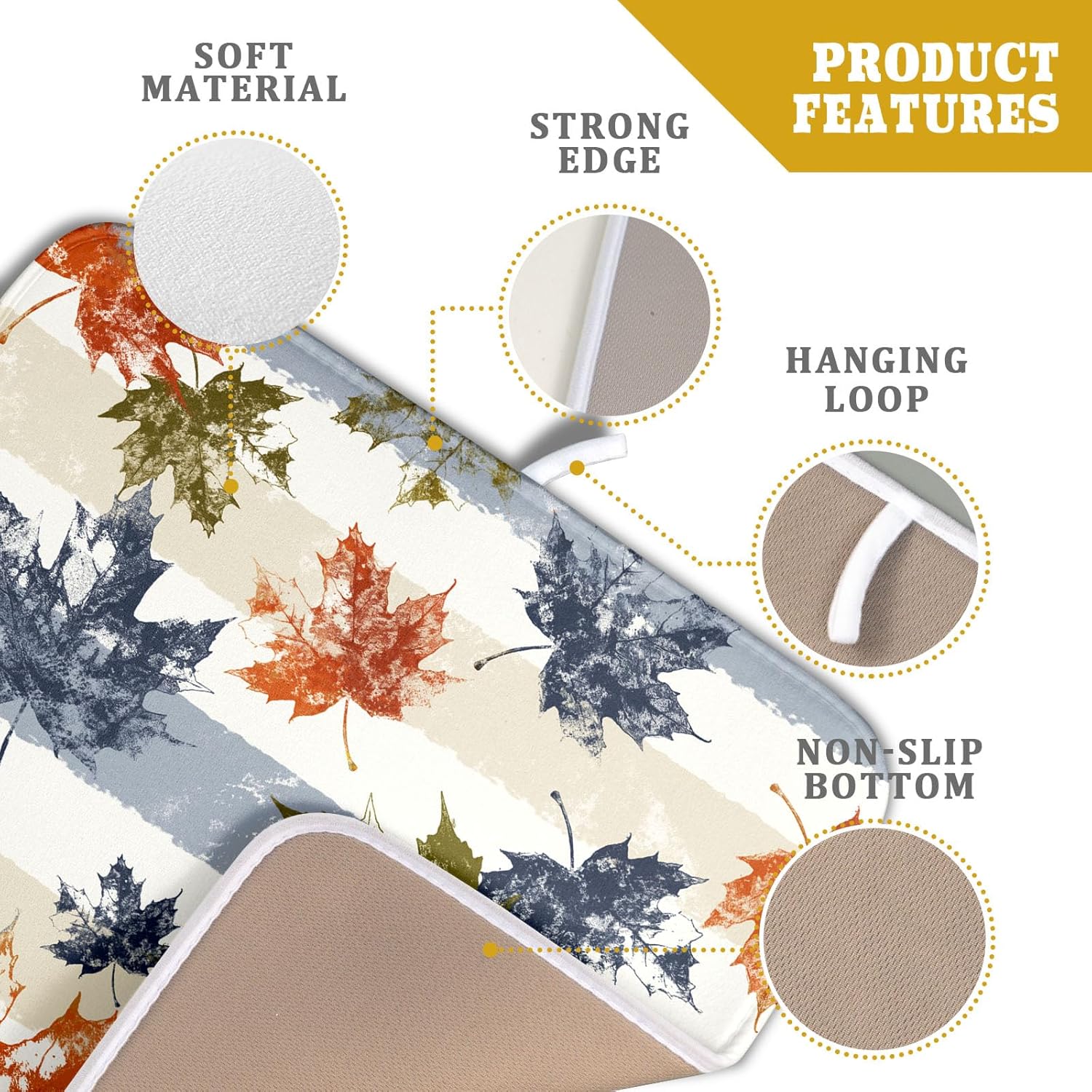 Autumn Colorful Maple Leaves Dish Drying Mat for Kitchen Counter,Blue and White Stripe Drying Mat 16 x 18 Inch with Absorbent Reversible Microfiber Dish Drying Pad Dish Rack Drainer Mat for Coffee Bar