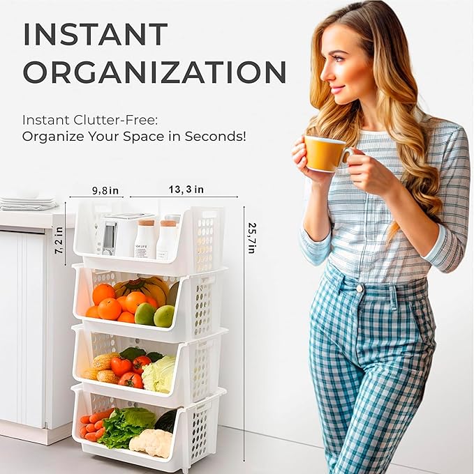 TidyFriend Small Stackable Storage Bins for Pantry - 4 Pack, Stackable Bins For Organizing Food, Kitchen, and Bathroom Essentials (White)