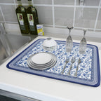 Blue Floral Branches Dish Drying Mat for Kitchen Counter Chinoiserie Pattern Dish Drying Pad 16”x18”Absorbent Vintage Flowers Decor Dishes Drainer Pad Dish Dry Rack Mat for Counter Coffee Bar