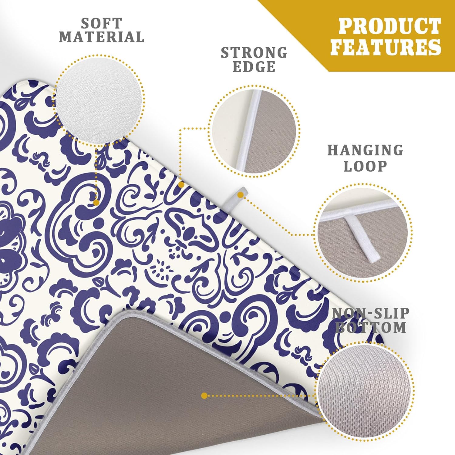 Boho Ethnic Design Dish Drying Mat for Kitchen Counter,Blue Bohemian Mandala Drying Mat 18 x 24 Inch with High Absorbent Reversible Microfiber Dish Drying Pad Dish Rack Pad Drainer Mat for Coffee Bar