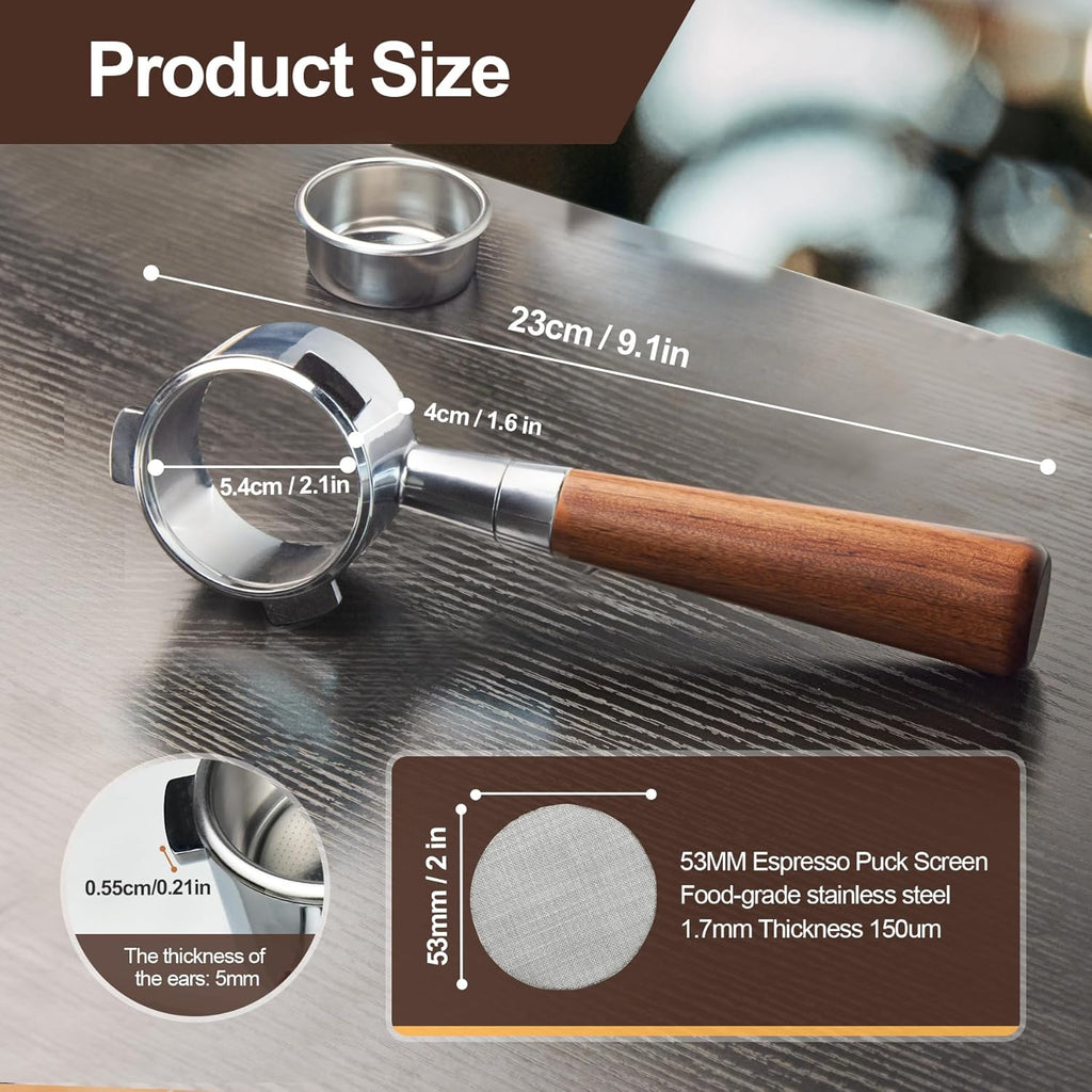 54 mm Bottomless Portafilter with Puck Screen, 3 Ears Espresso Portafilter Compatible with Breville Barista Express Machines,Stainless Steel Porta filter and Rosewood Handle