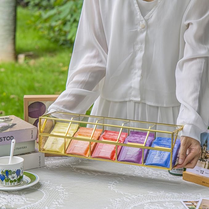 NCYP Glass Tea Bags Organizer with 5 Grids Compartments, Indoor Counter Top Brass Display Case with Lid, Storage Box, Gold, Decor, Teabag Storage, 14.5 x 3.6 x 3.66 Inches (Glass Box Only)
