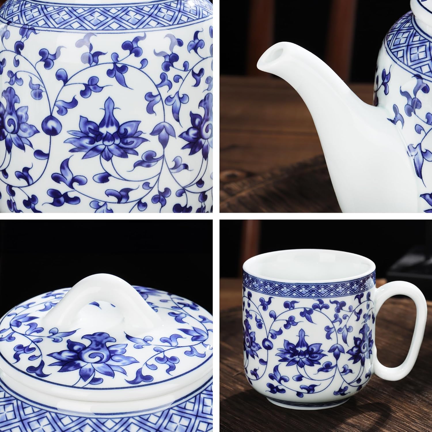 fanquare Chinese Blue and White Porcelain Teapot Set Traditional Kung Fu Tea Sets with 6 Cups for Loose Leaf Tea Adults