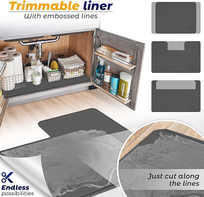 The Original Under Sink Mat - Adjustable Silicone mat, Waterproof Under The Sink Bathroom Vanity Mat - 28" x 19" or smaller