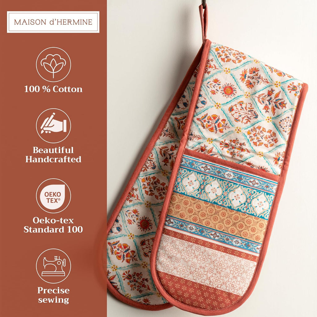 Maison d' Hermine Double Oven Mitts 100% Cotton 7"x35" Double Oven Mitt Heat Resistant BBQ Cooking Gloves with Loop, Baking, Grilling, Home, Kitchen, Handling Hot Pans (Romane)