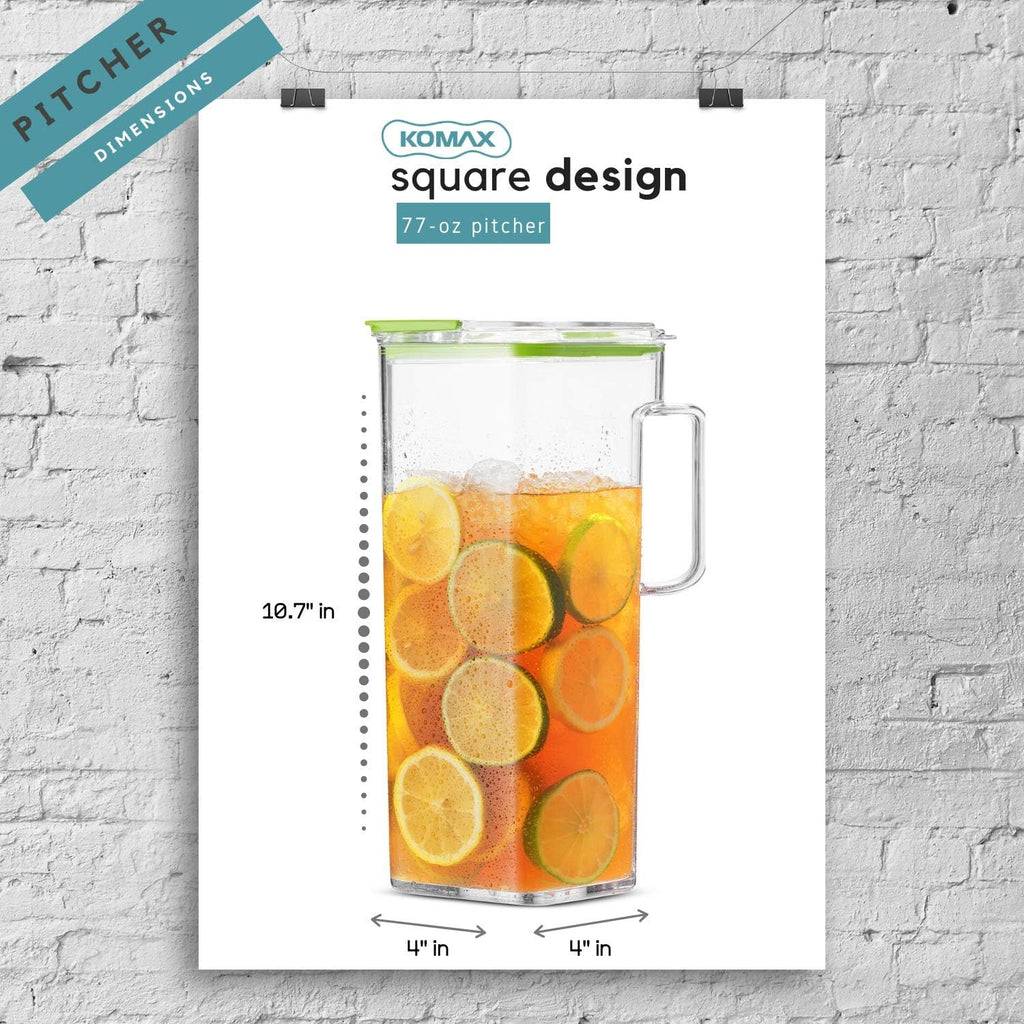 Komax Large Plastic Water Pitcher with Lid Square Water Carafe – BPA-Free, Dishwasher Safe – Water, Tea, or Juice Containers with Lids for Fridge (2.3 Liters)