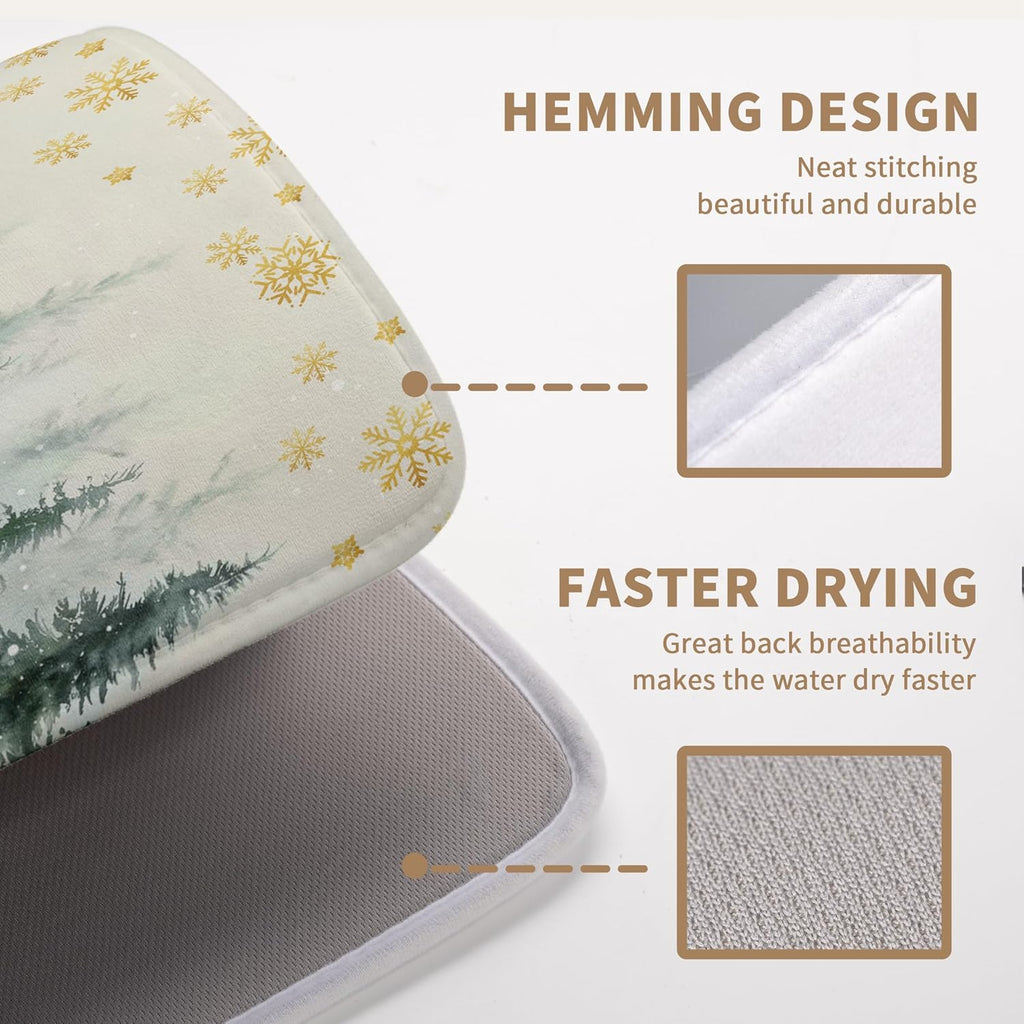 Winter Deer Snowflakes Dish Drying Mat Christmas Snow Forest Large Kitchen Mats Dish Drying Pad Absorbent Dish Dryer Mat for Kitchen Countertops Microfiber Drainer Pad Dish Drying Mats (18x24 in)