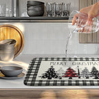 Merry Christmas Dish Drying Mat Buffalo Plaid Large Kitchen Mats Dish Drying Pad Xmas Christmas Tree Absorbent Dish Dryer Mat for Kitchen Countertops Microfiber Drainer Pad Dish Drying Mats (18x24 in)