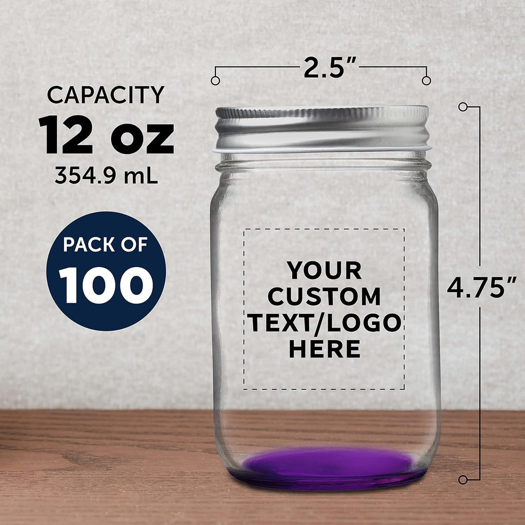 DISCOUNT PROMOS 100 Decorating Mason Jars Set, 12 oz. - Customizable Text, Logo - Canning, Aluminum Lid - Purple