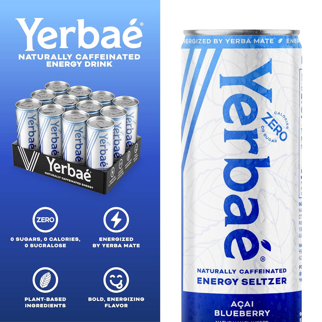 Yerbaé Energy Seltzer - Acai Blueberry, No Sugar/Calories/Carbs. Energized by Yerba Mate, Naturally Caffeinated, Plant-Based, Healthy Alternative to Coffee Sugary Sodas, Pack of 12, 12oz cans