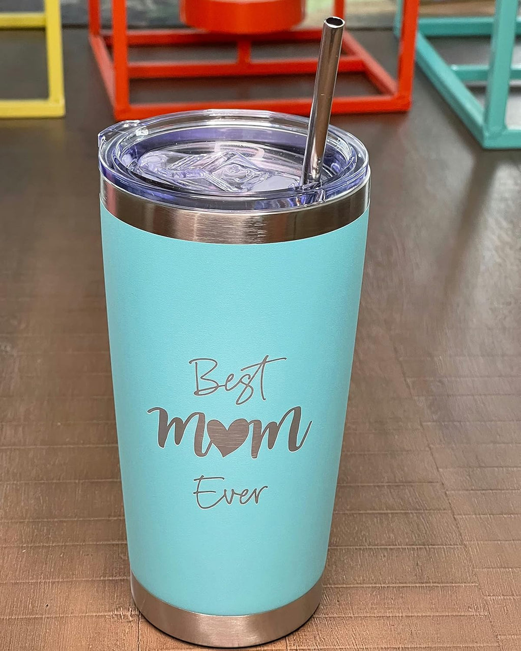 QualityVibe Best Mom Ever 20 Oz Insulated Stainless Steel Tumbler With Lid, Straw & Brush. Gift Idea For Mom Birthday, Mother's Day Or New Mom. Laser Engraved. Aqua