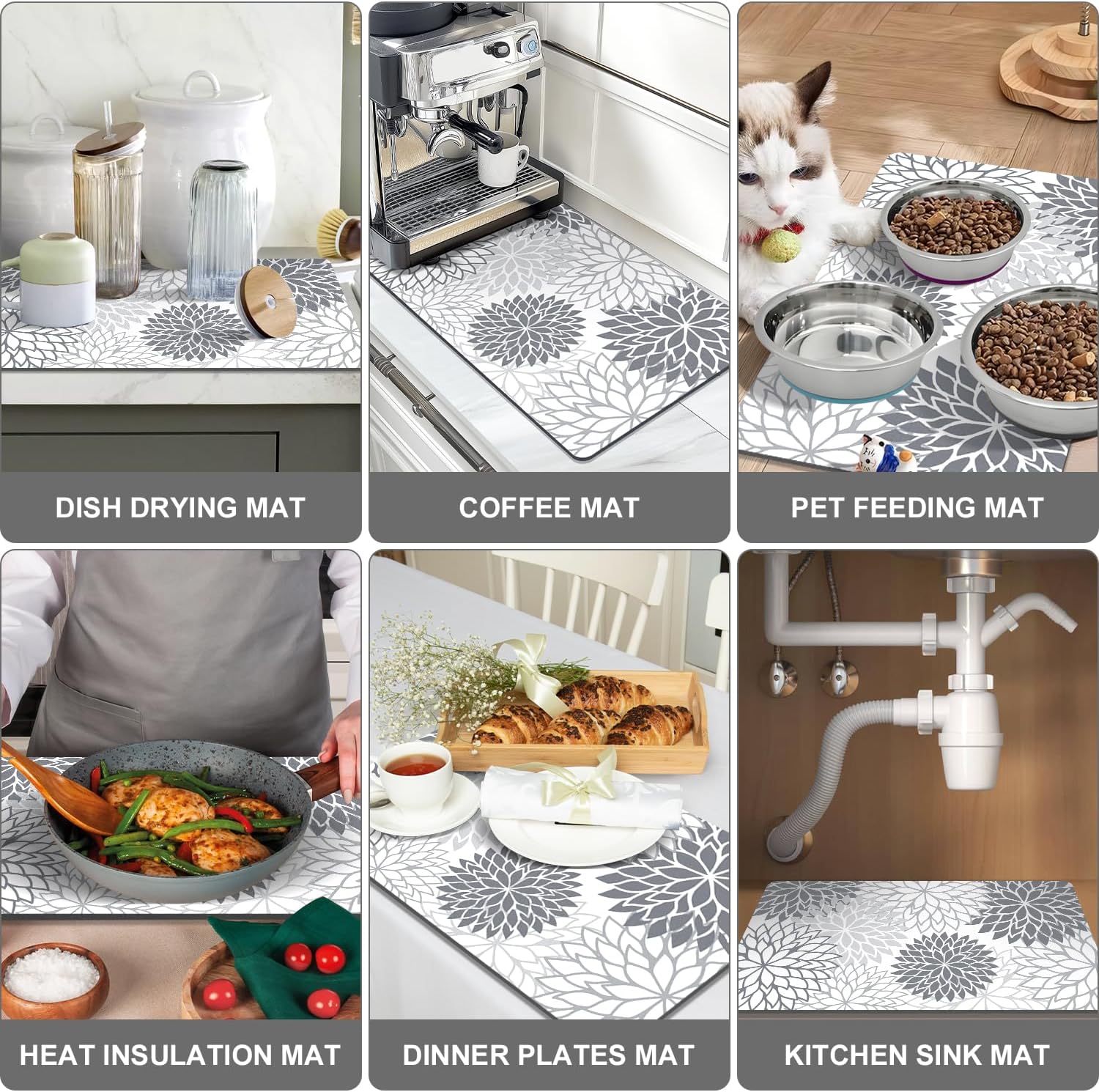 Findosom 2PCS 17" x 32" Dish Drying Mat & 24" x 5.5" Sink Splash Guard, Super Absorbent & Cuttable Dish Mat Drying Kitchen Mat with Gray Floral, Hide Stain Drying Mat for Kitchen Counter