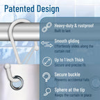 12 Decorative Metal Shower Curtain Hooks, S-Shaped Hooks with Anti-Fall System, Rust-Proof Shower Rings with Safety Buckle, Fits Rods Up to 1-Inch Diameter (S, White)