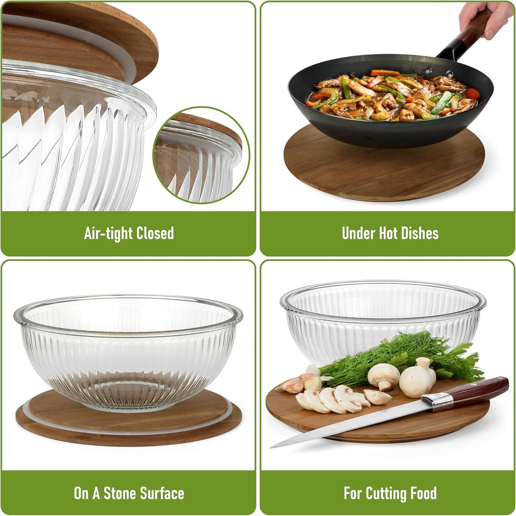 Set of 3 Stackable Space-Saving Nesting Glass Salad Bowls with Acacia Lids for Foodprep, Storage, Baking, Mixing & Cooking - Microwave Safe Durable Inert Borosilicate Glass