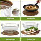 Set of 3 Stackable Space-Saving Nesting Glass Salad Bowls with Acacia Lids for Foodprep, Storage, Baking, Mixing & Cooking - Microwave Safe Durable Inert Borosilicate Glass