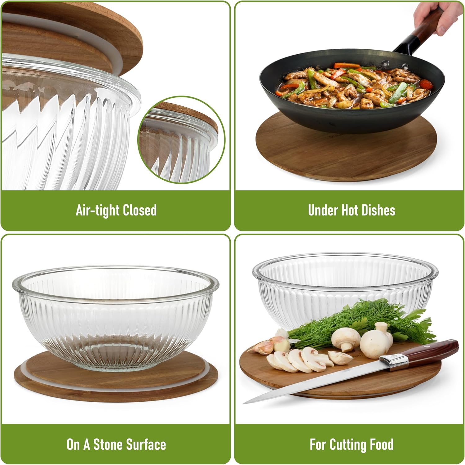 Set of 3 Stackable Space-Saving Nesting Glass Salad Bowls with Acacia Lids for Foodprep, Storage, Baking, Mixing & Cooking - Microwave Safe Durable Inert Borosilicate Glass