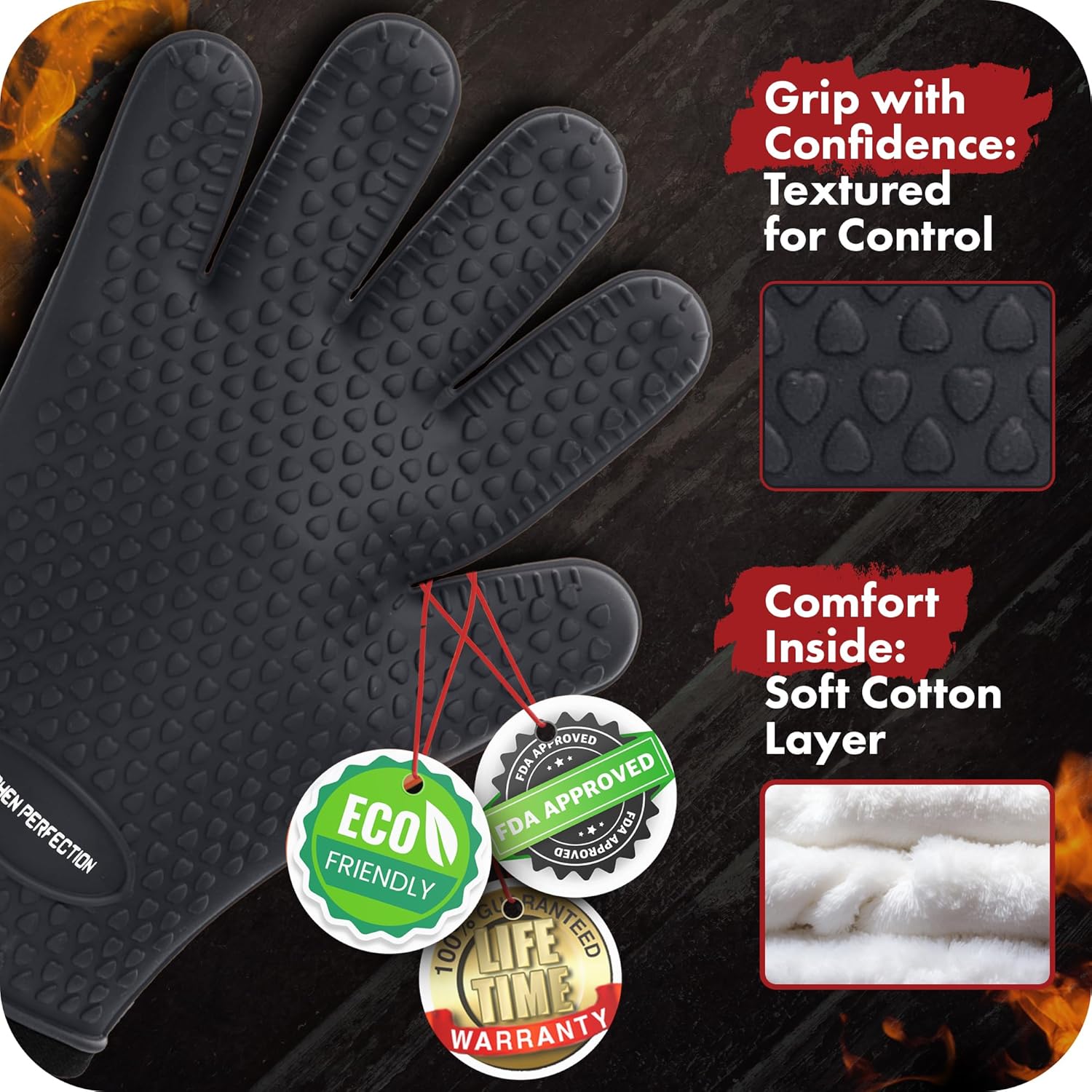 KITCHEN PERFECTION S Silicone Smoker Oven Gloves -Extreme Heat Resistant BBQ Gloves -Handle Hot Food Right on Your Grill Fryer Pit|Waterproof Oven Mitts |Superior Value Set+3 Bonuses