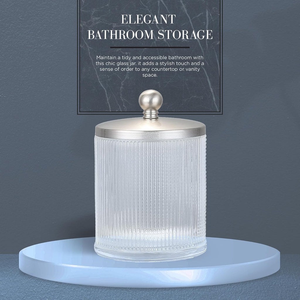 Glass Jar with Metal Lid for Bathroom Organization, Clear Apothecary Jar for Cotton Balls, Q Tips, and Small Accessories, Stylish Bathroom Storage Container Nickel, Clear