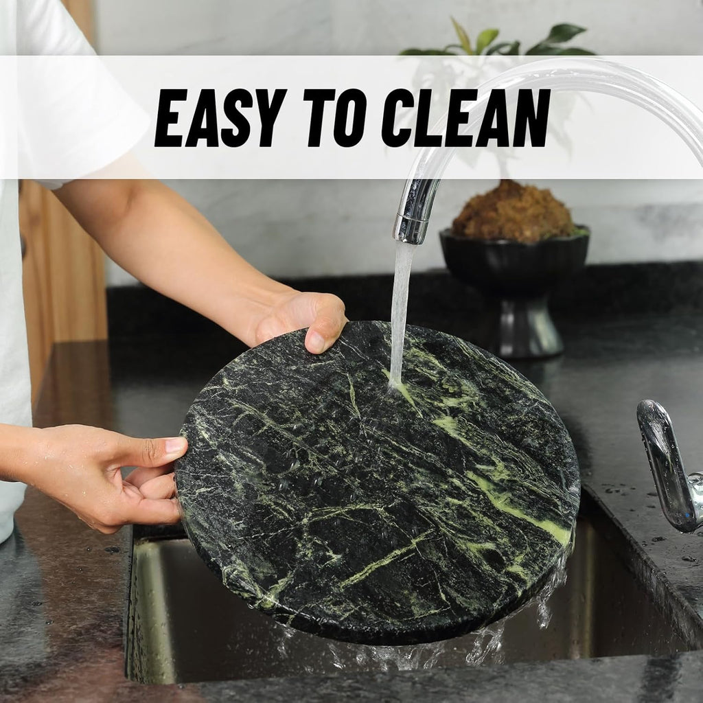 Koville Indian Natural Marble Cutting Board for Kitchen, 11inch Round Hand Crafted Marble Slab for Cheese, Charcuterie, Pastry Board - Wedding Gift, House Warming Gift(Indian Green)