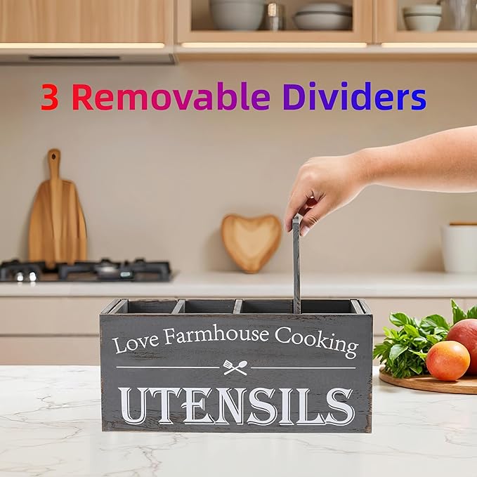Kitchen Utensil Holder,Farmhouse Wooden Utensil Holder For Kitchen Counter,Extra Large Cooking Spatula Organizer,Big Storage With 4 Compartments Flatware Spoon Tool Cutlery（Grey）