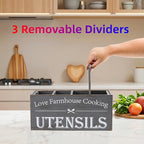 Kitchen Utensil Holder,Farmhouse Wooden Utensil Holder For Kitchen Counter,Extra Large Cooking Spatula Organizer,Big Storage With 4 Compartments Flatware Spoon Tool Cutlery（Grey）