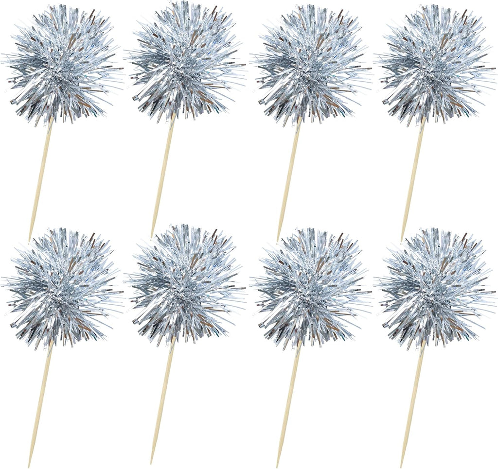 Ephlyn 30Pcs Foil Firework Cupcake Toppers Sparkle Tinsel Cupcake Picks Happy Birthday Cake Toppers Drink Stirrers Cocktail Food Fruit Toothpicks for Baby Shower Birthday Party Supplies Silver