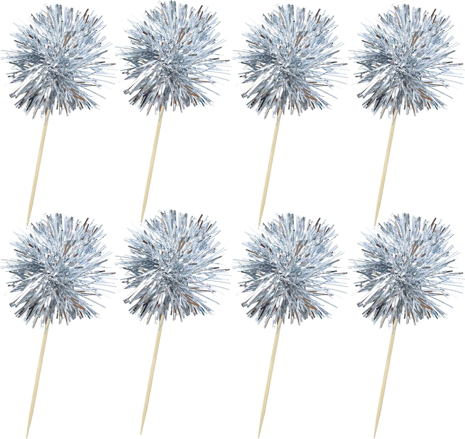 Ephlyn 30Pcs Foil Firework Cupcake Toppers Sparkle Tinsel Cupcake Picks Happy Birthday Cake Toppers Drink Stirrers Cocktail Food Fruit Toothpicks for Baby Shower Birthday Party Supplies Silver