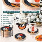 Halloween Coasters Set of 6, Pumpkins Coaster, Minacun Black Absorbent Coasters with Holder Halloween Thanksgiving Themed Party Decoration 4.3 Inch