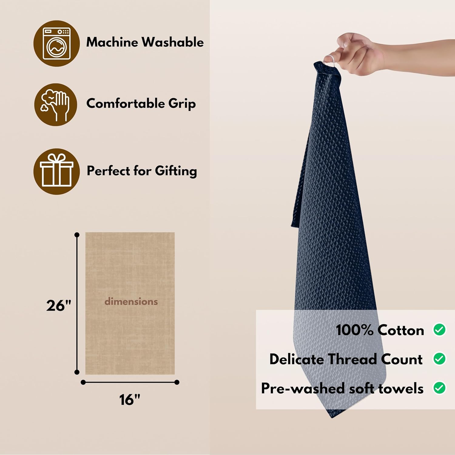 Native Fab Cotton Kitchen Towel with Hanging Loop 16x26 inches, 6-Pack, Waffle Weave Kitchen Towels for Cleaning Drying, Washcloths Soft & Absorbent Cloth Rags, Bar Towel, Dish Cloth, Navy