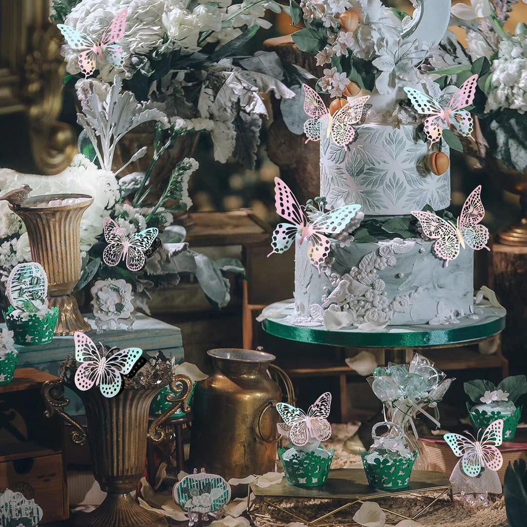 SAOROPEB 3D Wall Decor - 48 Pcs, 4 Styles, 3 Sizes - Laser Pink Butterfly Decorations for Birthday Parties, Removable Stickers