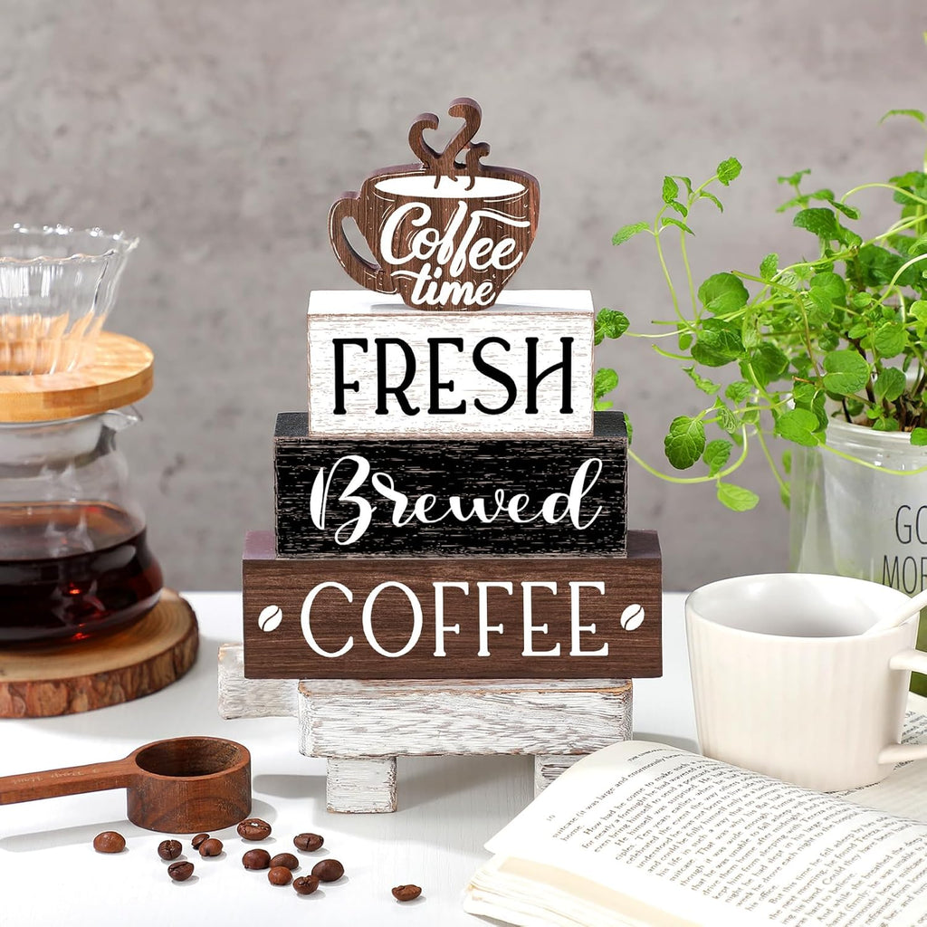 Farmhouse Coffee Bar Accessories Decorations Rustic Coffee Wood Sign Cafe Table Centerpieces Rustic Cafe Bar Decorations for Home Kitchen Shelf Desk Tiered Tray Decor