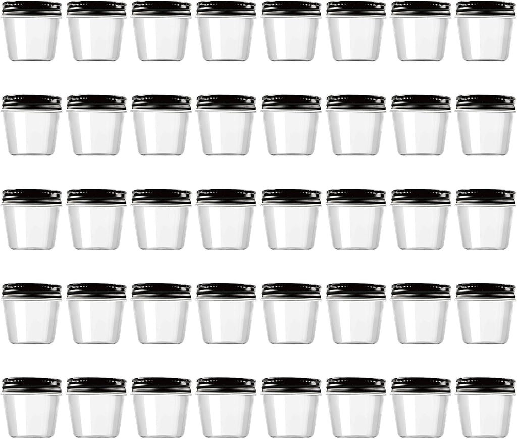 Novelinks 4 Ounce Plastic Jars with Black Lids - Refillable Round Clear Containers for Kitchen & Household Storage - BPA Free (40 Pack)
