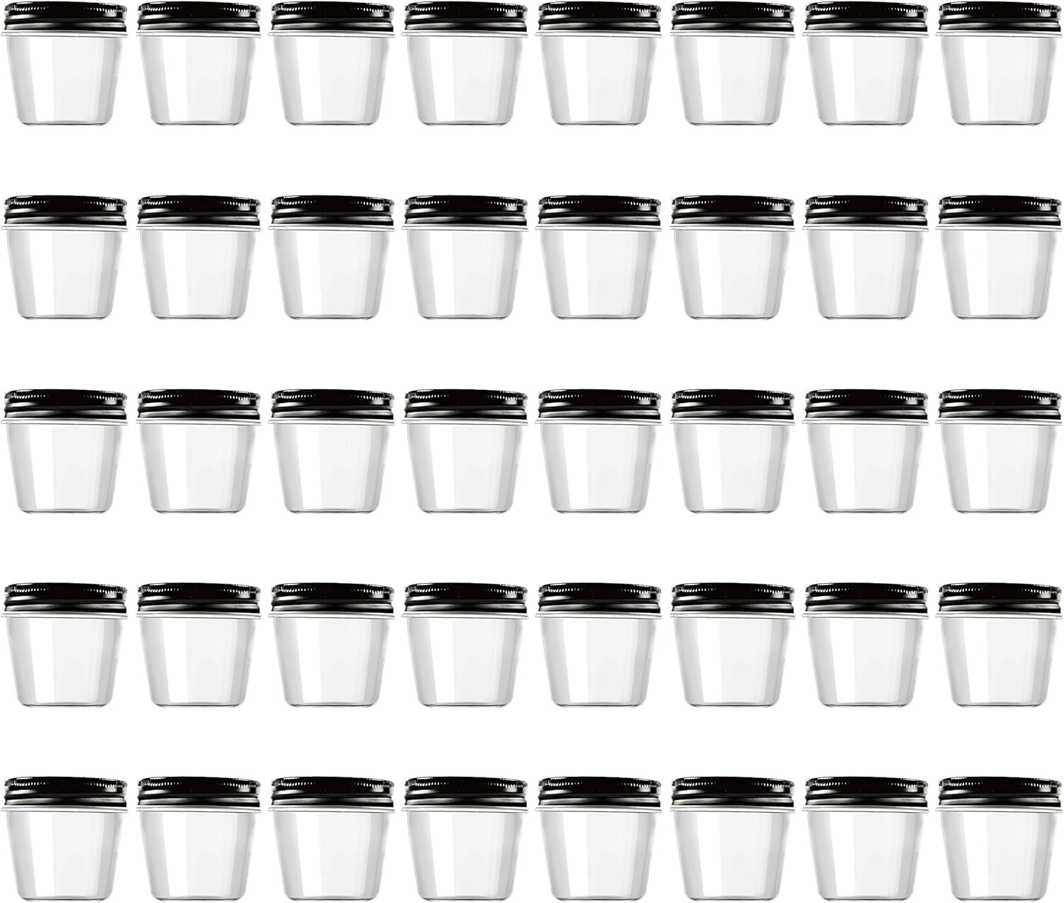 Novelinks 4 Ounce Plastic Jars with Black Lids - Refillable Round Clear Containers for Kitchen & Household Storage - BPA Free (40 Pack)
