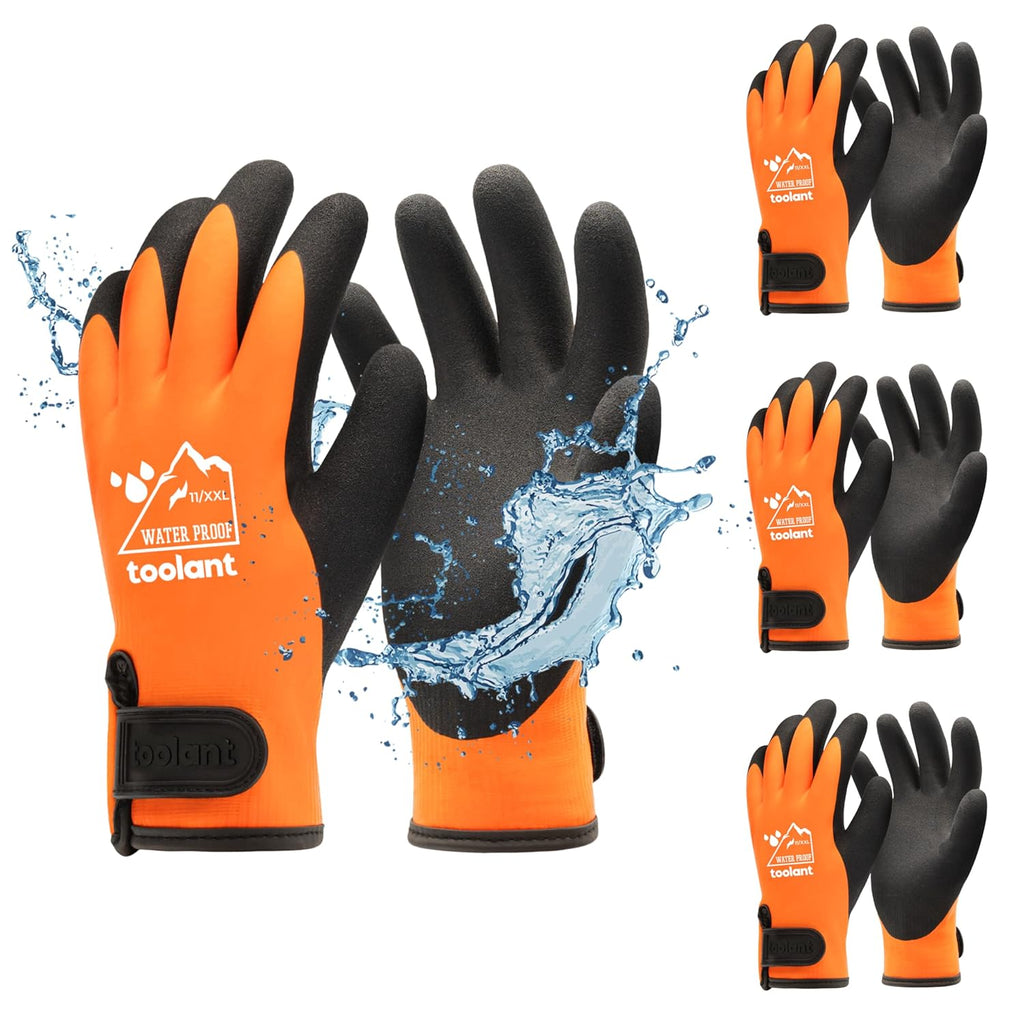 toolant 100% Waterproof Gloves Bulk Pack, 3 Pairs, Winter Work Gloves for Cold Temperature, Touchsreen, Warm Gloves for Freezer, Fishing and Gardening, With Grip, Orange, XX-Large