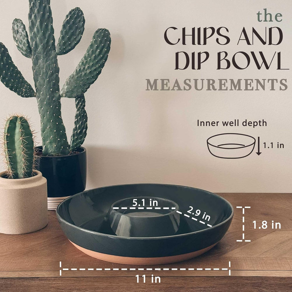 Mora Ceramic Chips and Dip Serving Tray: Large Divided Party Bowl Set for Chips & Salsa, Veggies & Dip, Fruit, Snacks, Entertaining, Hosting, etc. Minimalist Design for the Modern Hostess - Charcoal